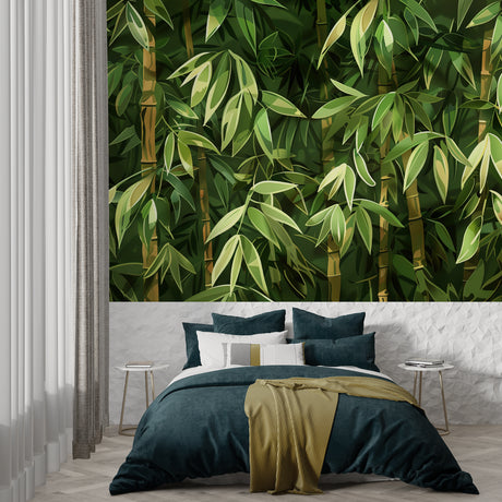 Bamboo forest wallpaper creating a zen atmosphere in a modern living room with natural light