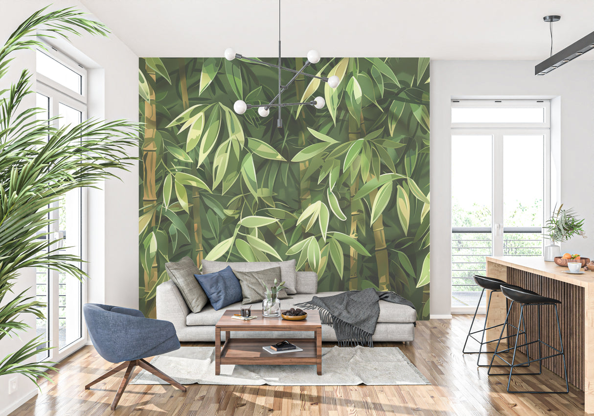 Green bamboo wall mural transforming a bedroom into a peaceful sanctuary