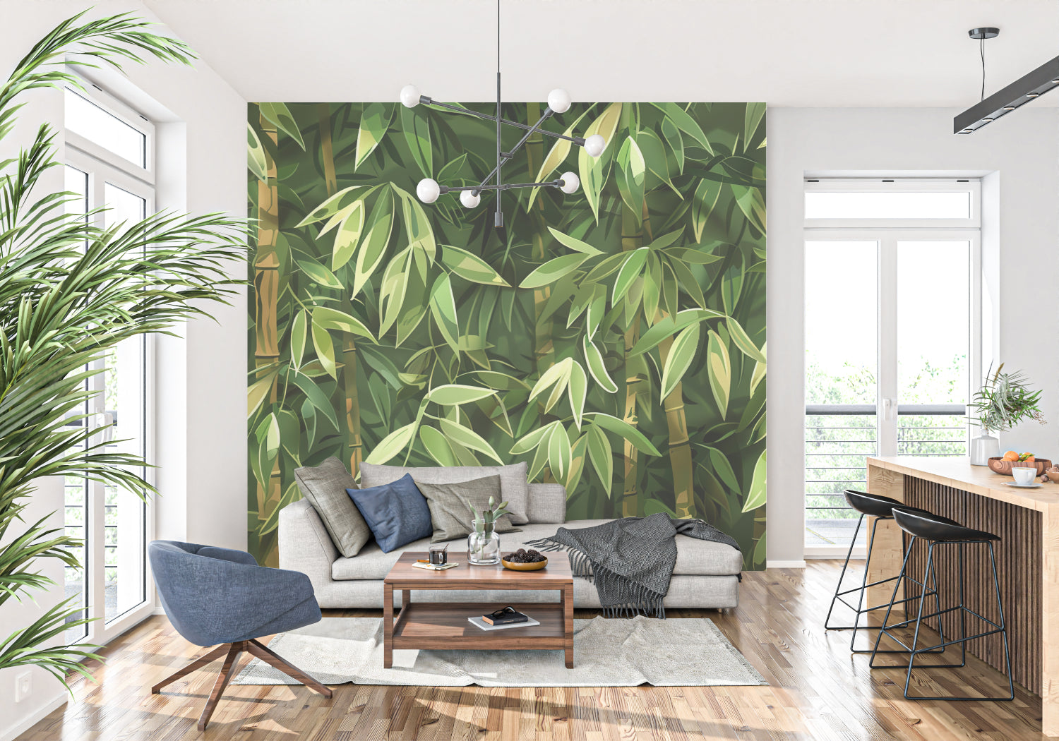 Green bamboo wall mural transforming a bedroom into a peaceful sanctuary