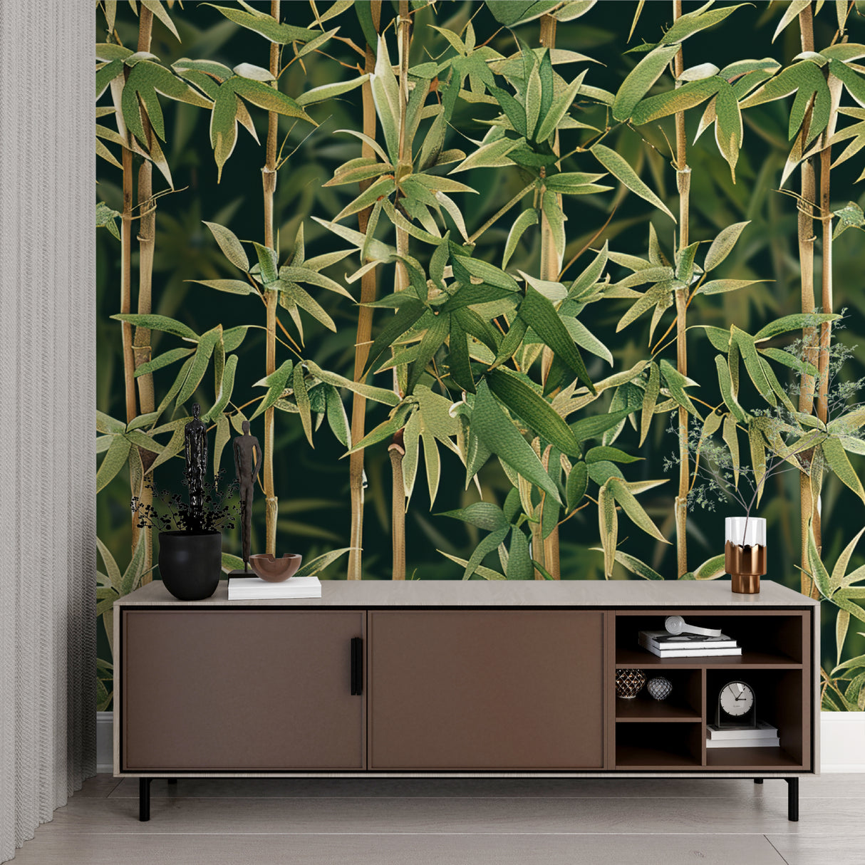 Green bamboo wall mural bringing nature into a peaceful bedroom setting