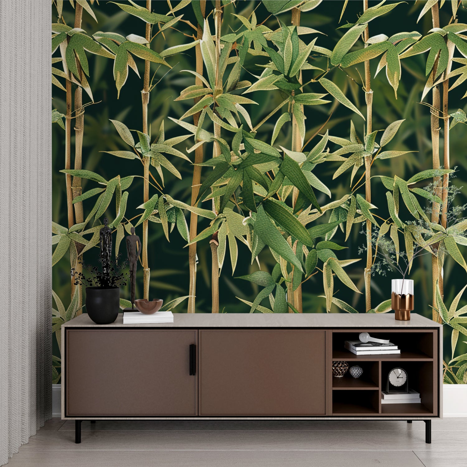 Green bamboo wall mural bringing nature into a peaceful bedroom setting