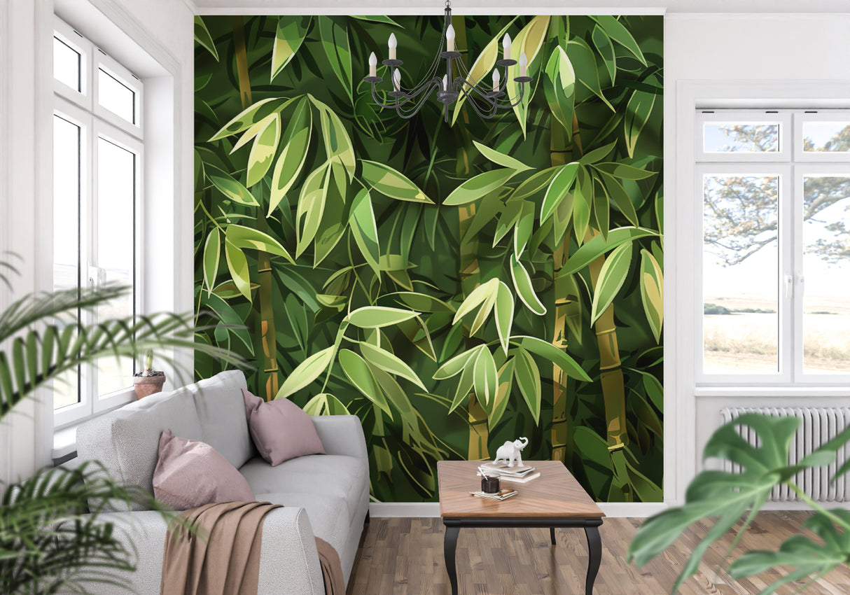 Oriental bamboo wallpaper design adding height to a dining room