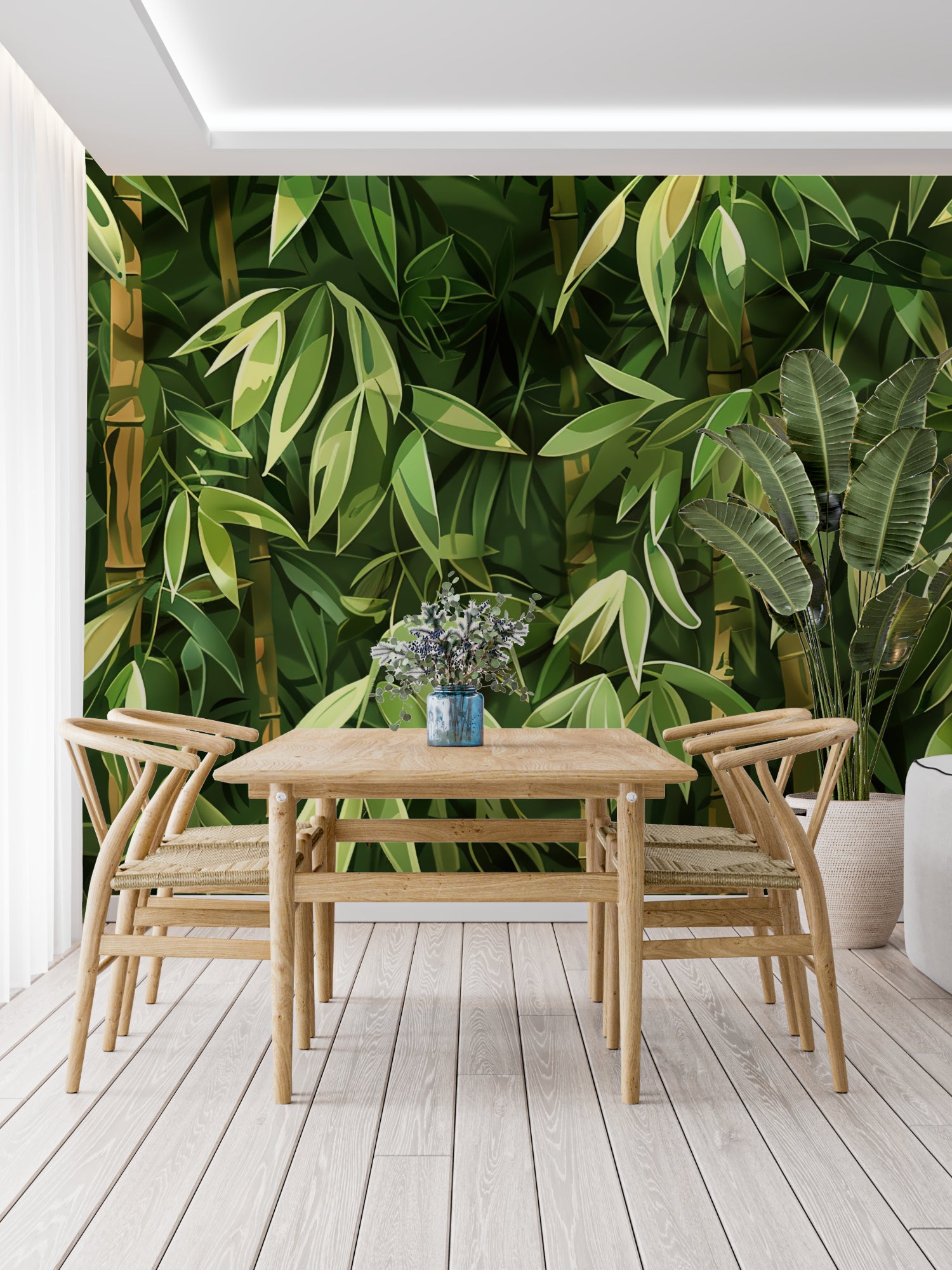 Bamboo forest mural creating depth in a home office space