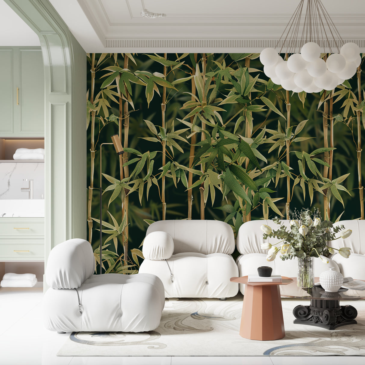 Botanical bamboo mural making a statement in a home office