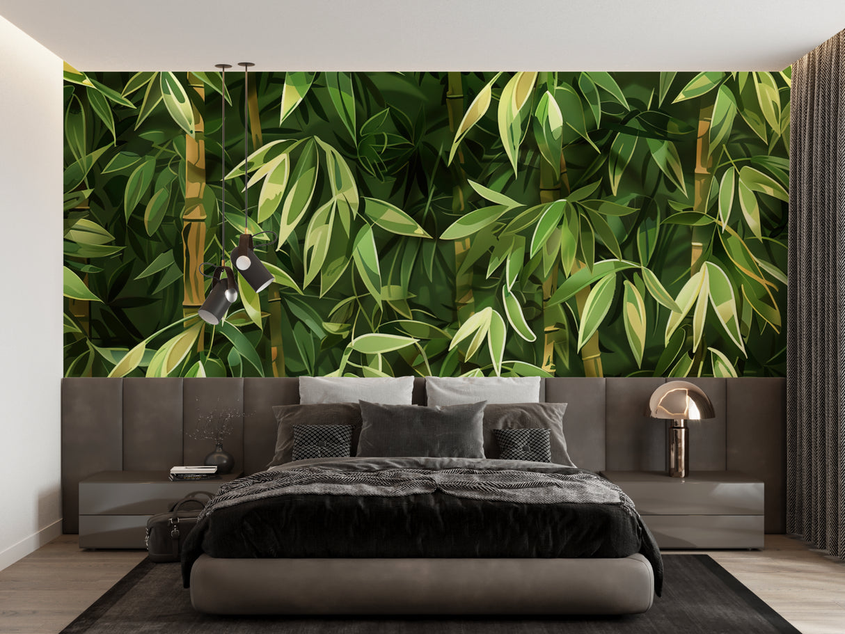 Tropical bamboo wallpaper bringing nature into a meditation room