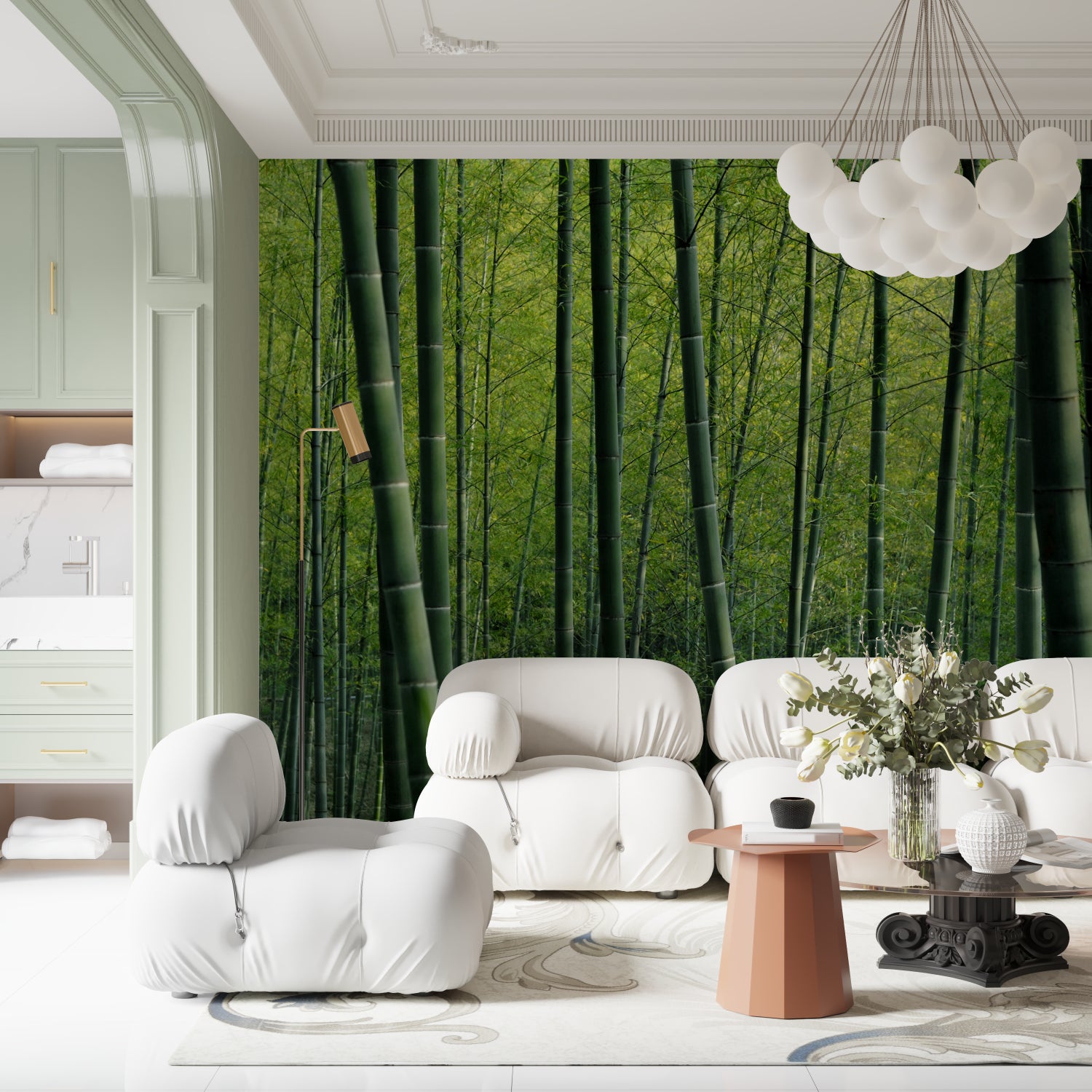 Green bamboo wall mural in peaceful meditation room setting