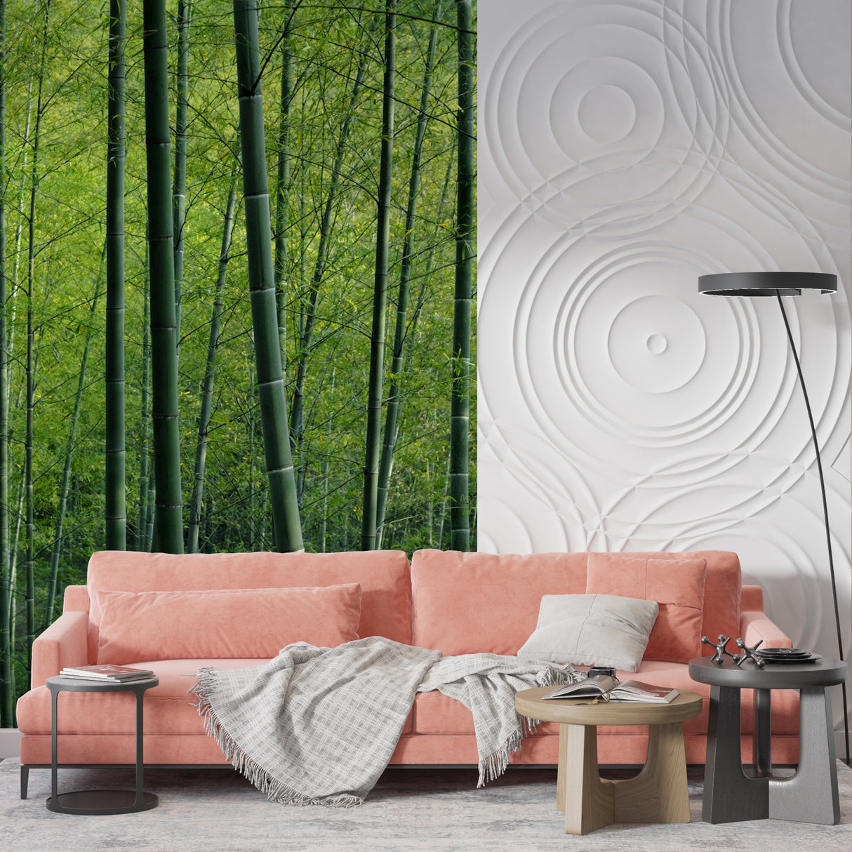 Bamboo forest mural adding height to dining room walls