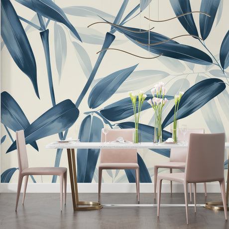 Blue bamboo wallpaper in modern living room showing scale and impact of leaf pattern