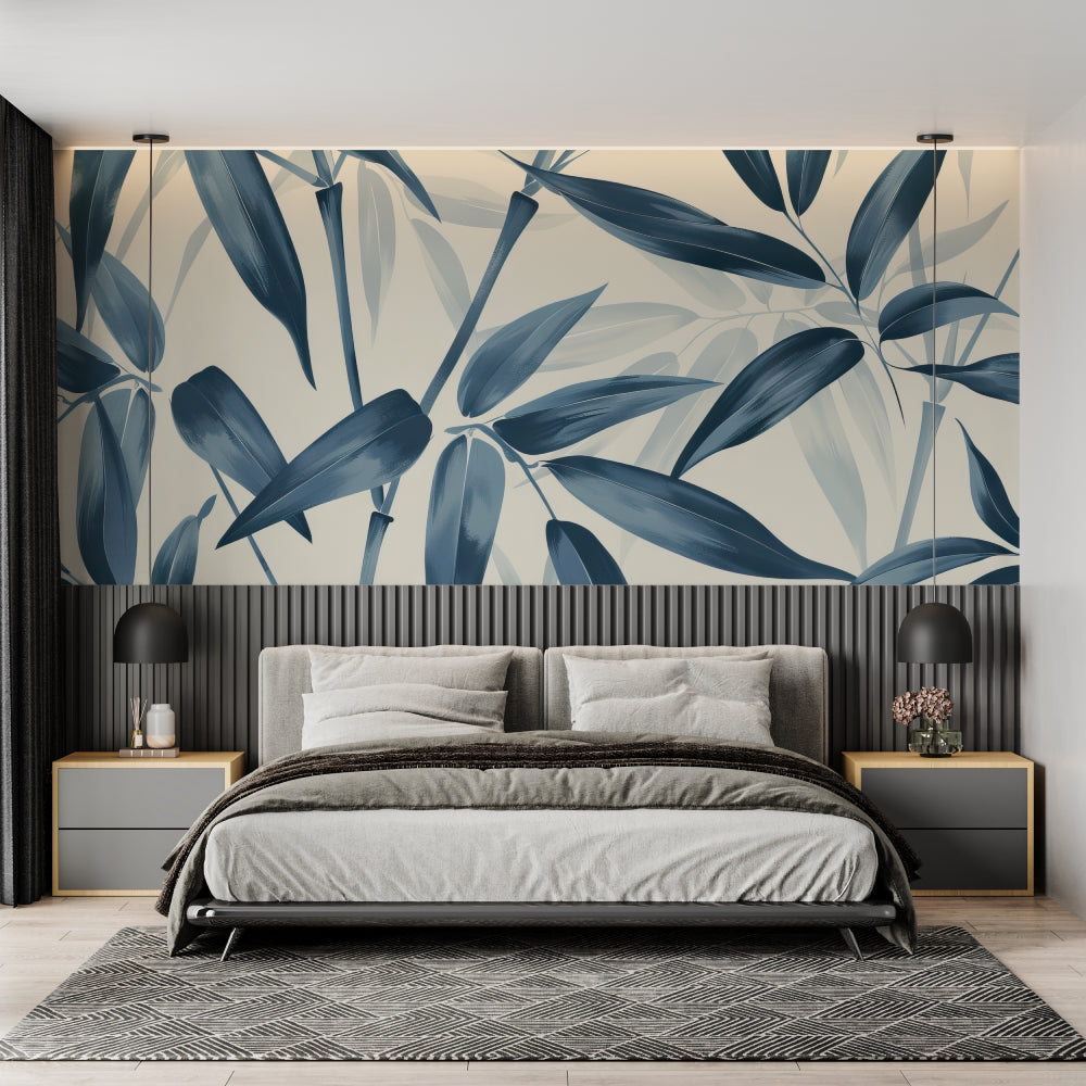 Bedroom with blue bamboo wall mural creating peaceful atmosphere
