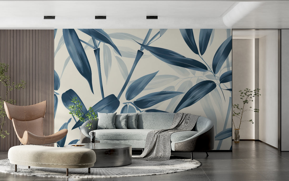 Modern dining room featuring blue leaf wallpaper with golden accents