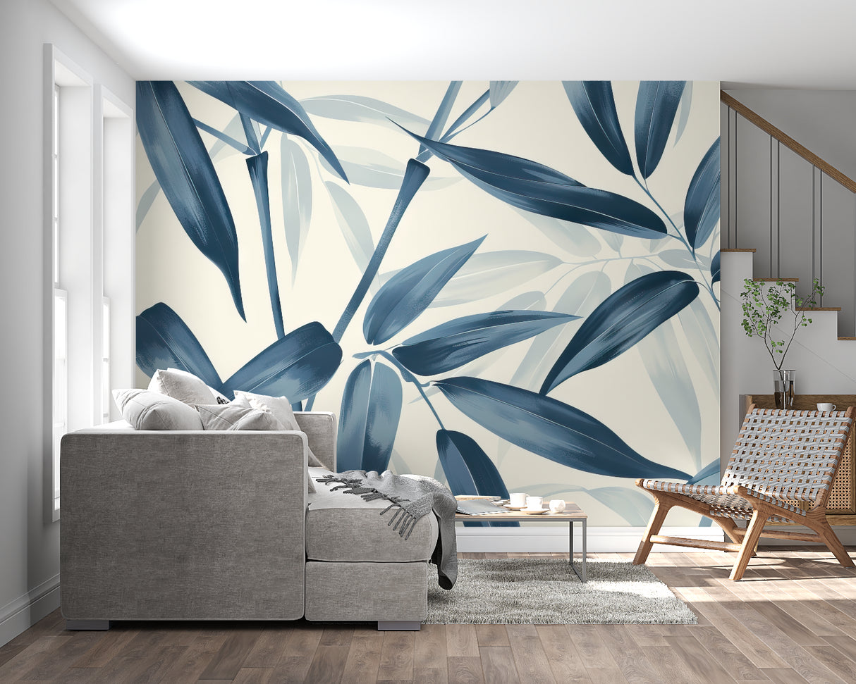Bathroom featuring blue bamboo mural wallpaper in natural light