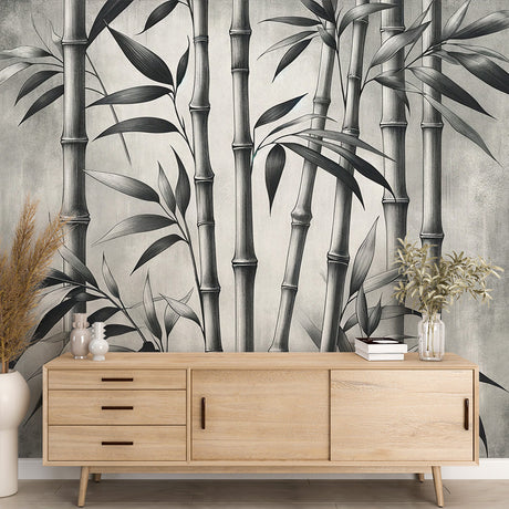 Bamboo mural wallpaper creating a serene atmosphere in a minimalist living room with grey furniture and natural light