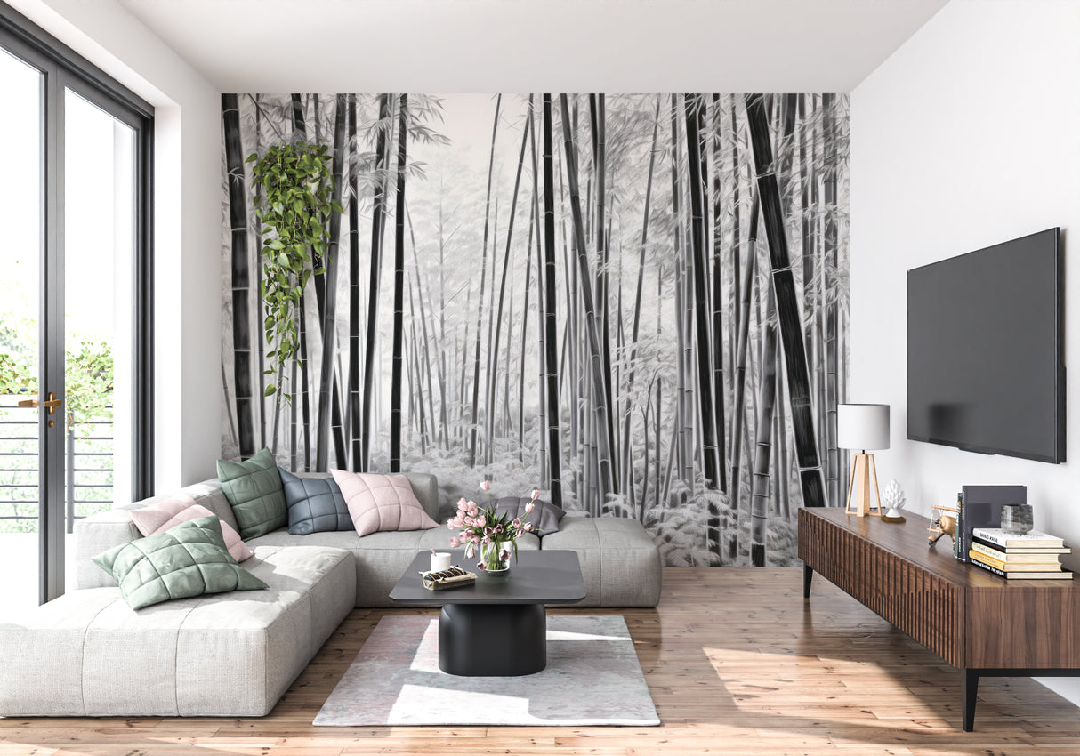 Monochrome bamboo wall mural making a dramatic statement in a zen meditation room