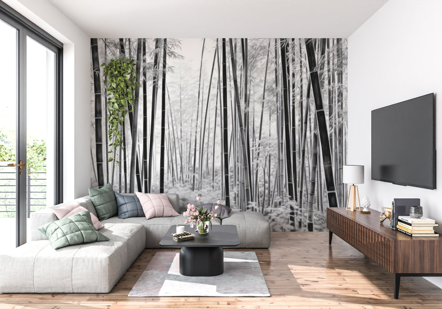 Monochrome bamboo wall mural making a dramatic statement in a zen meditation room