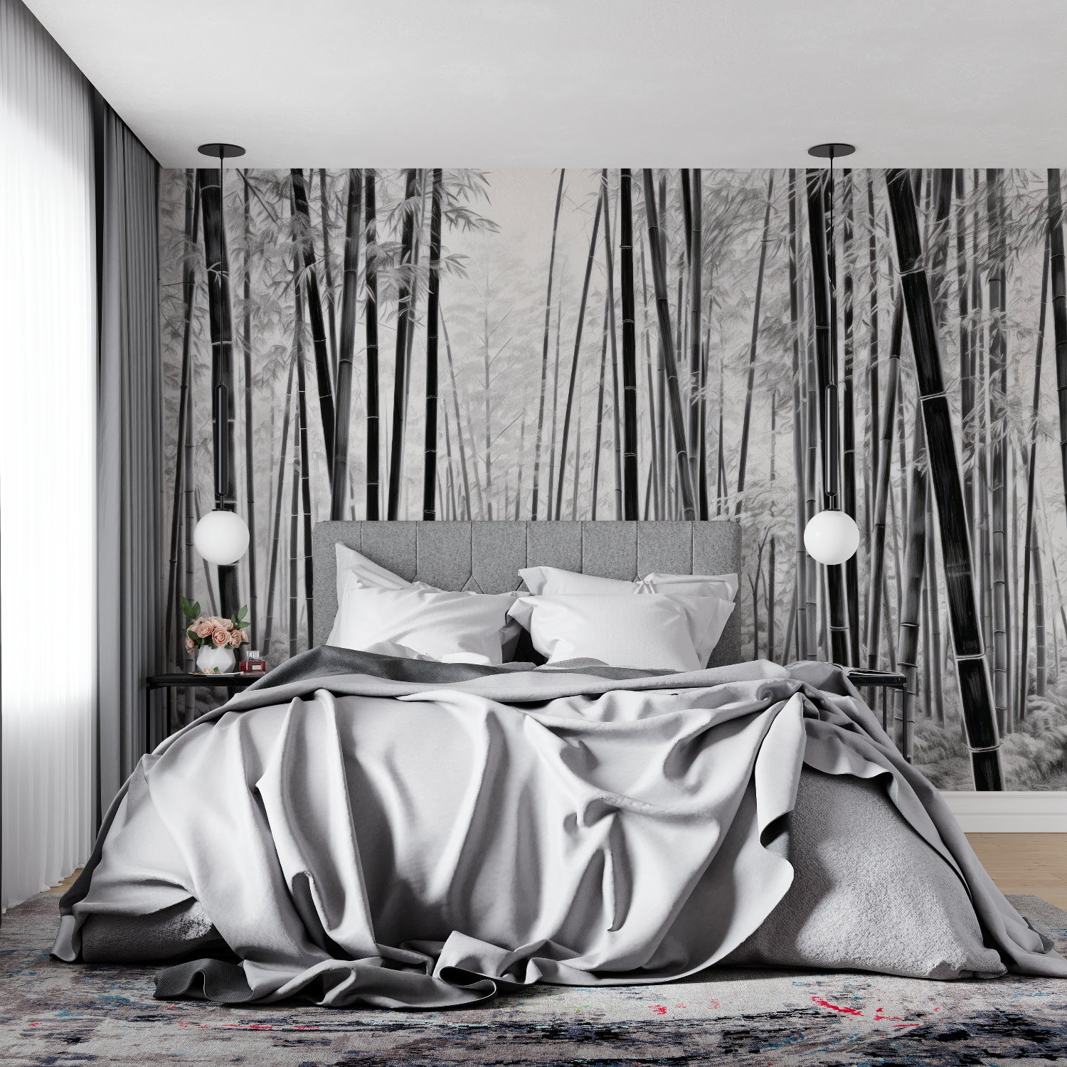 Black and white bamboo forest wallpaper bringing nature into a contemporary bedroom