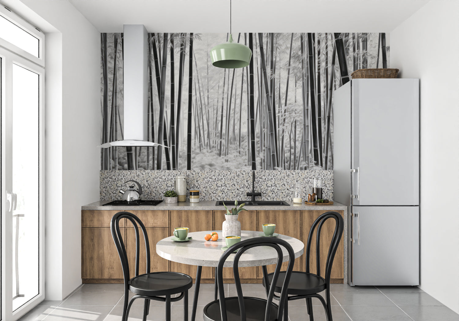 Asian forest wallpaper design transforming a dining room with elegant bamboo patterns
