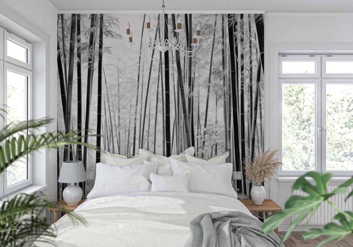 Bamboo mural creating height and depth in a minimalist home office space