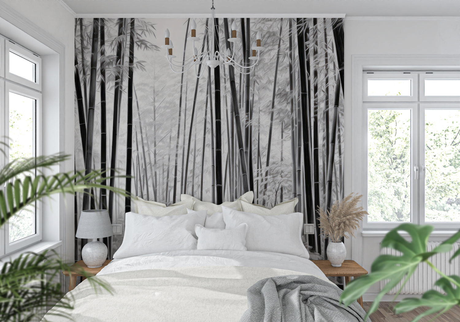 Bamboo mural creating height and depth in a minimalist home office space