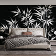 Black and white bamboo wallpaper creating a peaceful atmosphere in a modern minimalist living room