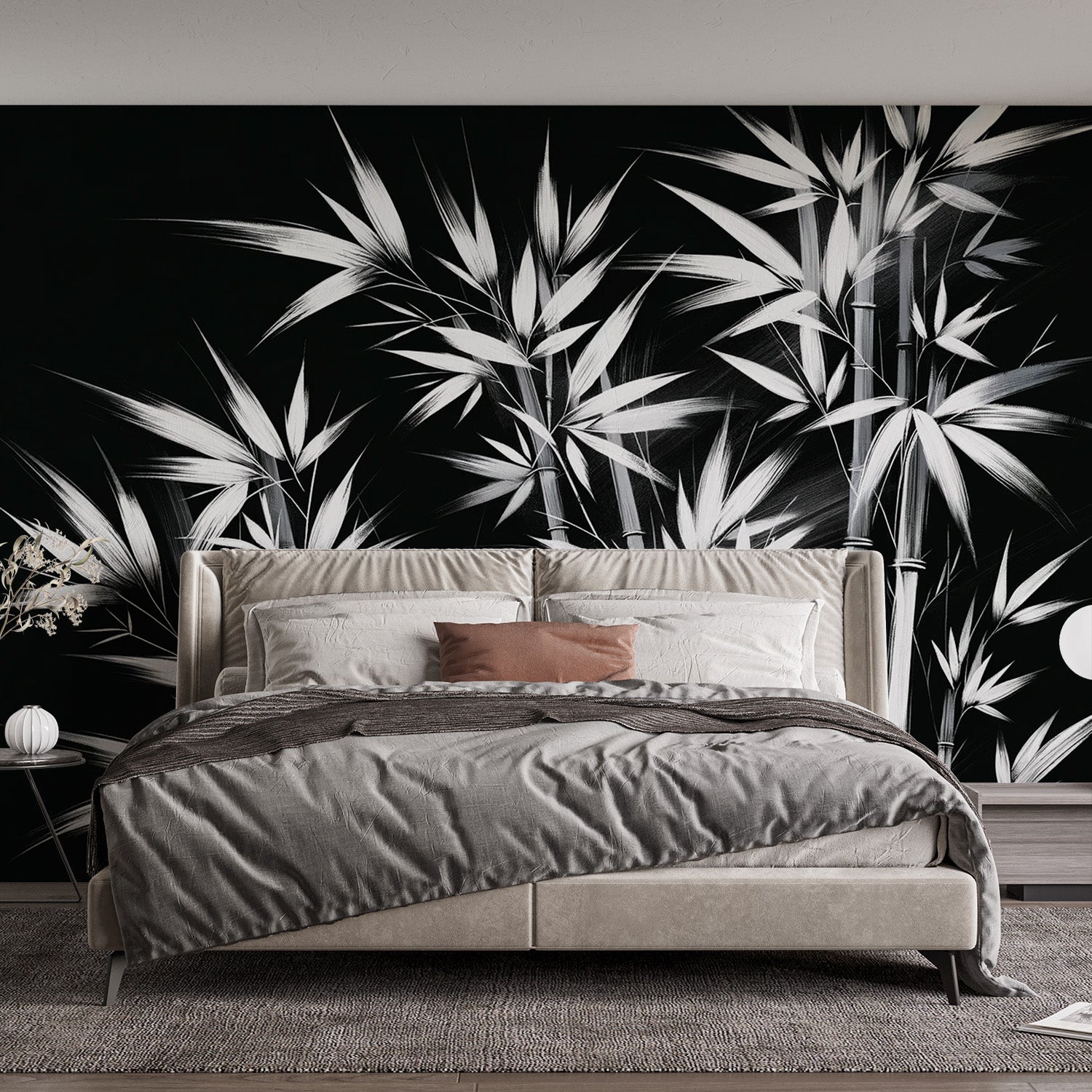 Black and white bamboo wallpaper creating a peaceful atmosphere in a modern minimalist living room