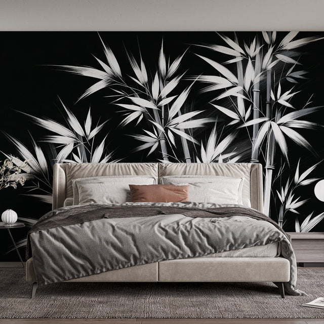 Black and white bamboo wallpaper creating a peaceful atmosphere in a modern minimalist living room