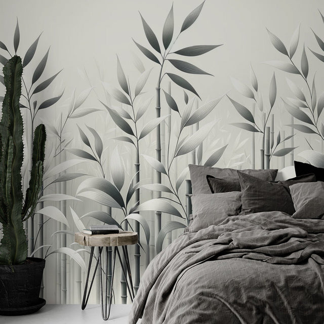 Bamboo forest wallpaper creating a serene atmosphere in a modern living room with gray furniture and natural light