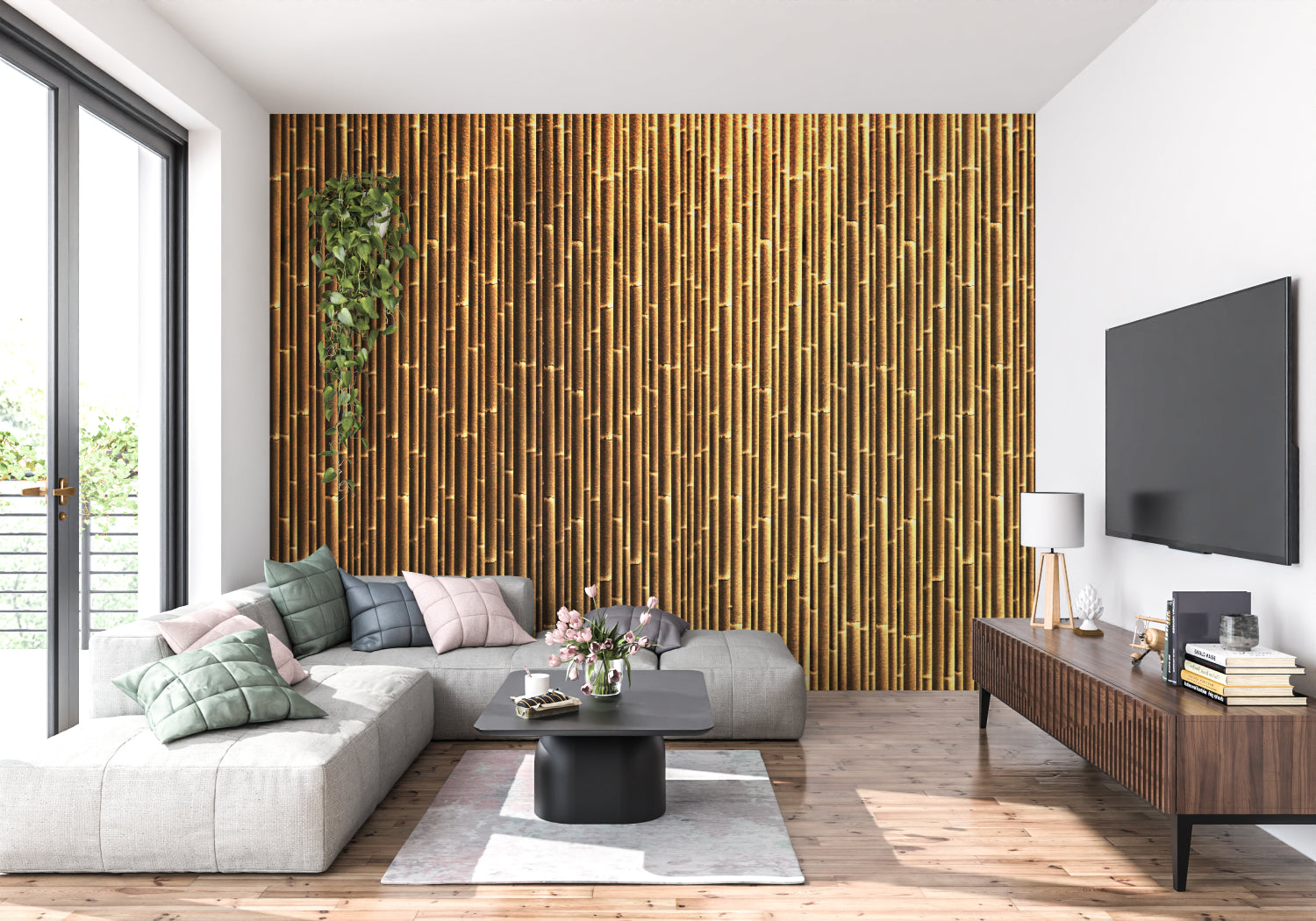 Natural bamboo wallpaper adding warmth to contemporary dining space