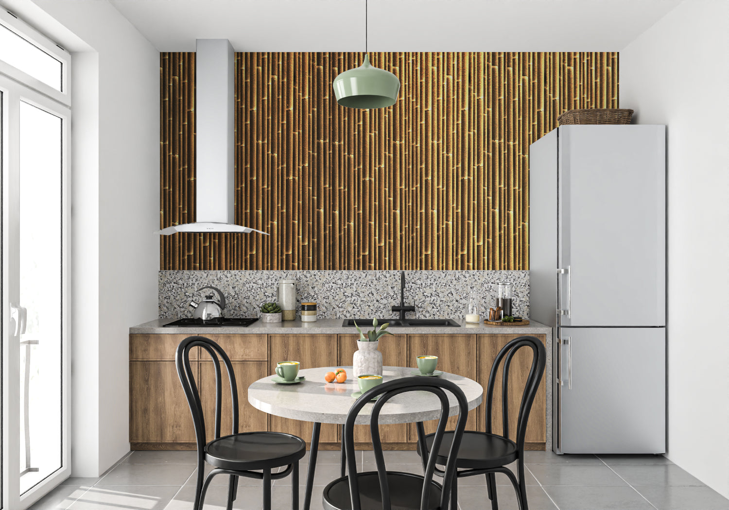 Bamboo wall design enhancing hallway with vertical pattern