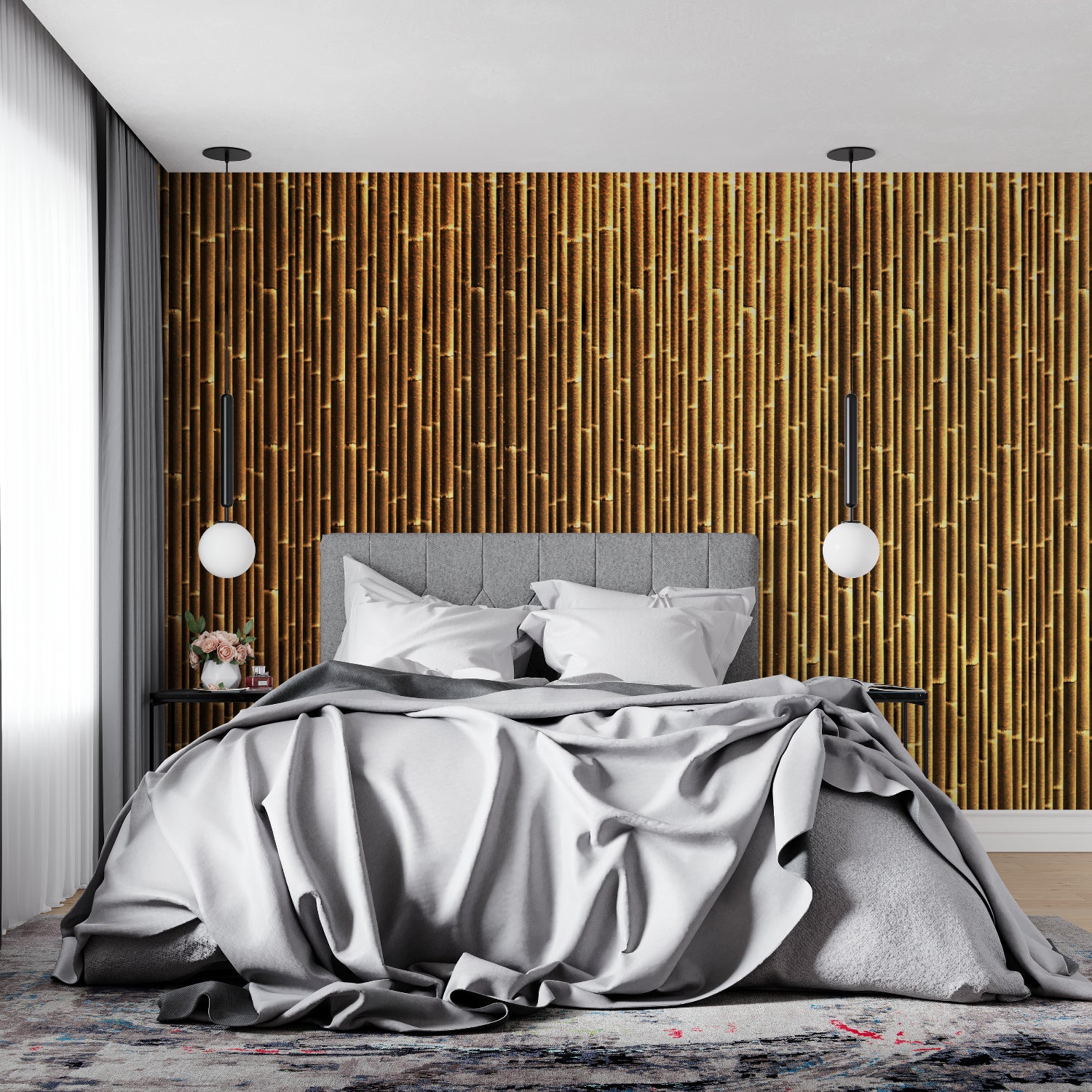 Oriental bamboo mural creating focal point in master bedroom