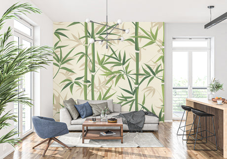 Bamboo wallpaper creating a spa-like atmosphere in a modern living room with natural light