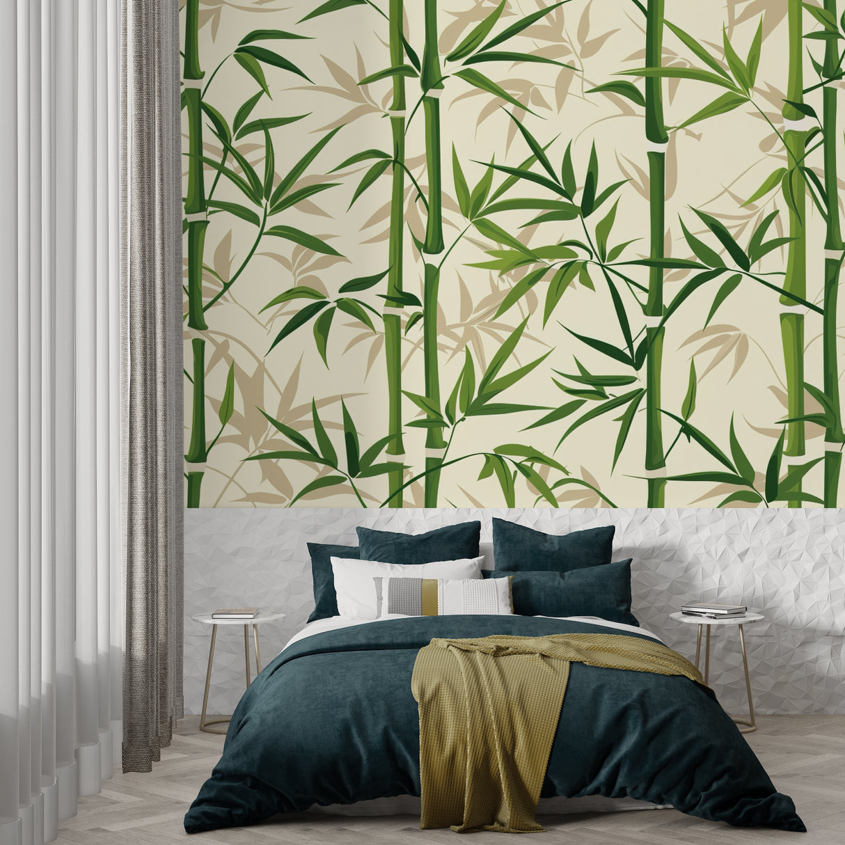 Green bamboo wall mural adding height to a peaceful bedroom space