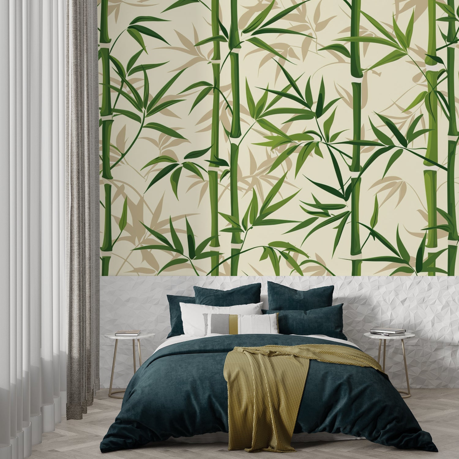Green bamboo wall mural adding height to a peaceful bedroom space