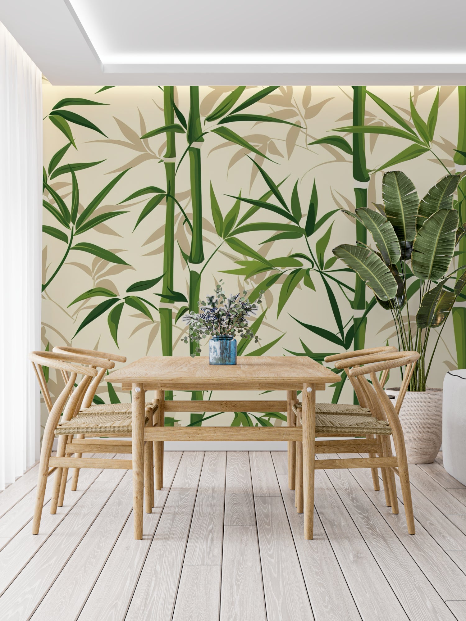 Bamboo wall mural creating an elegant backdrop in a meditation room