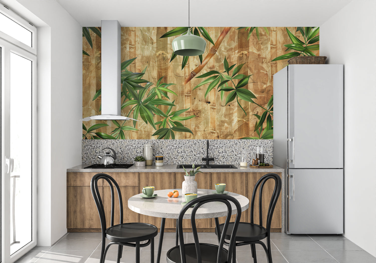 Oriental bamboo wallpaper making a statement in a minimalist dining room