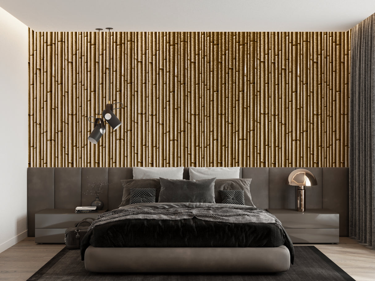 Bamboo wallpaper mural creating a serene atmosphere in a modern living room with minimal furniture