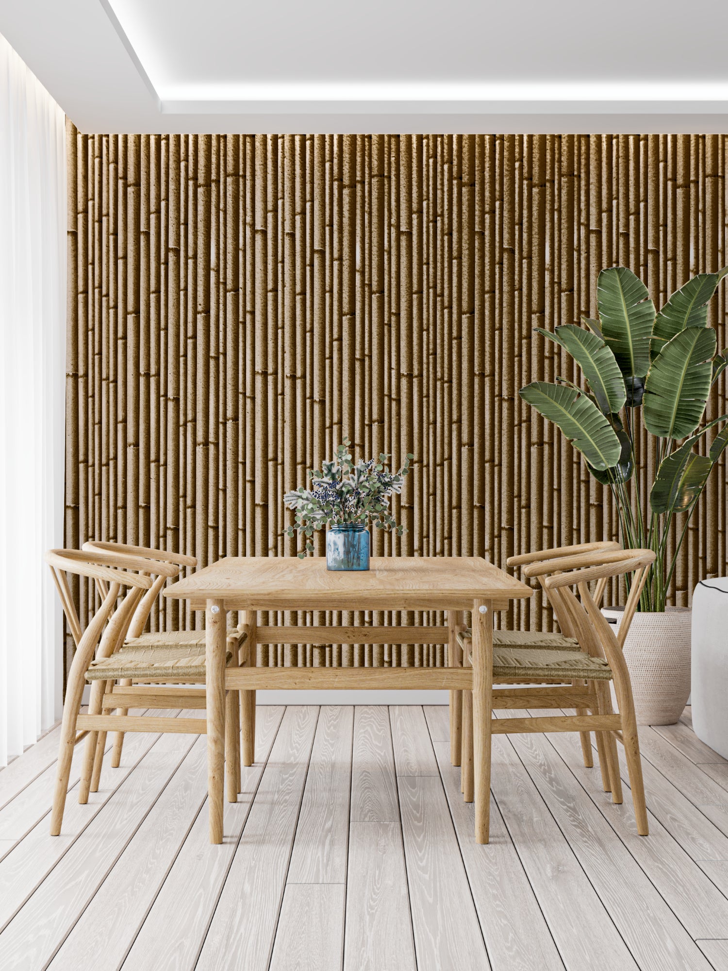 Natural bamboo wall mural in a peaceful bedroom setting with soft lighting