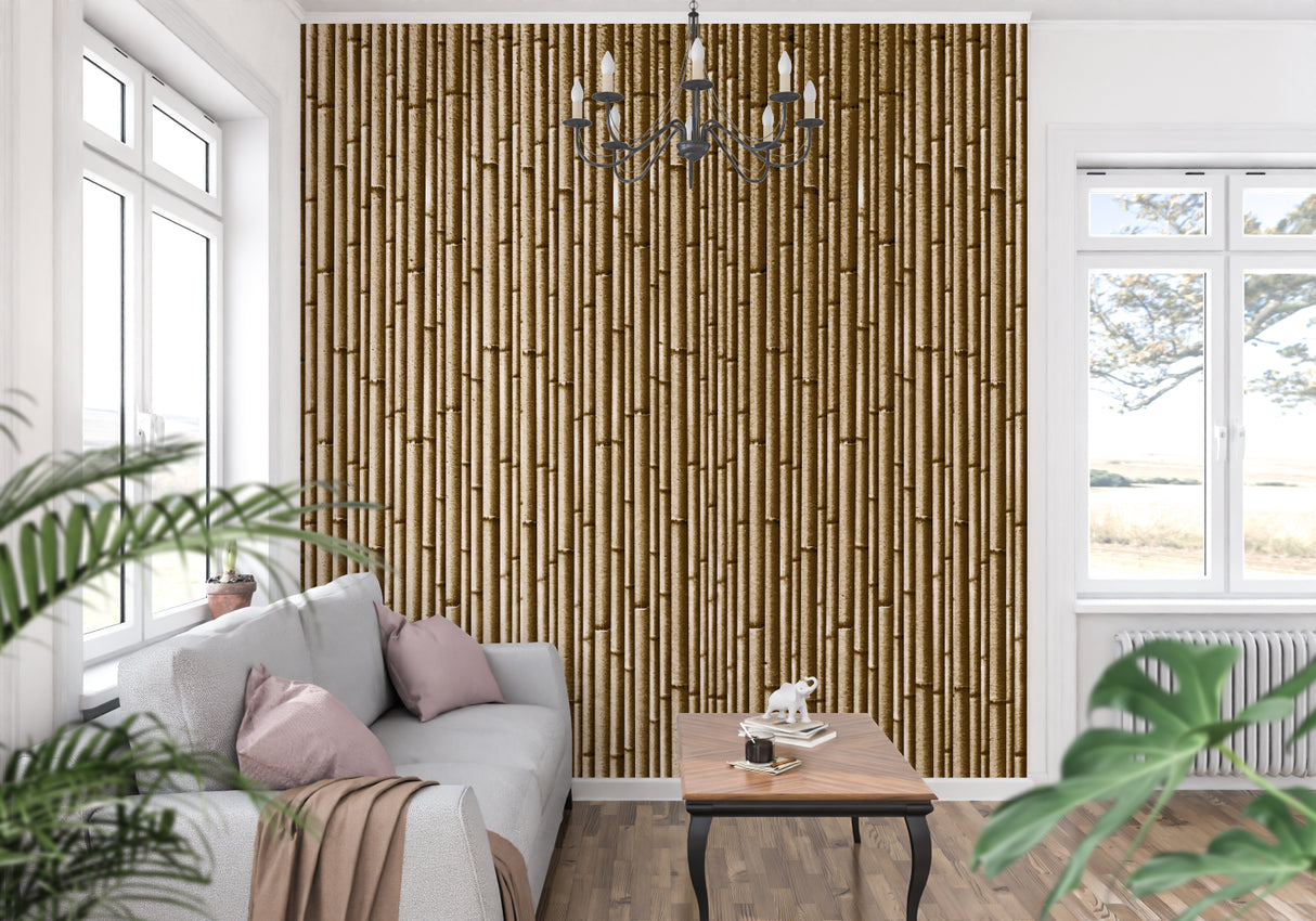 Vertical bamboo pattern wallpaper transforming a dining room with Asian-inspired decor