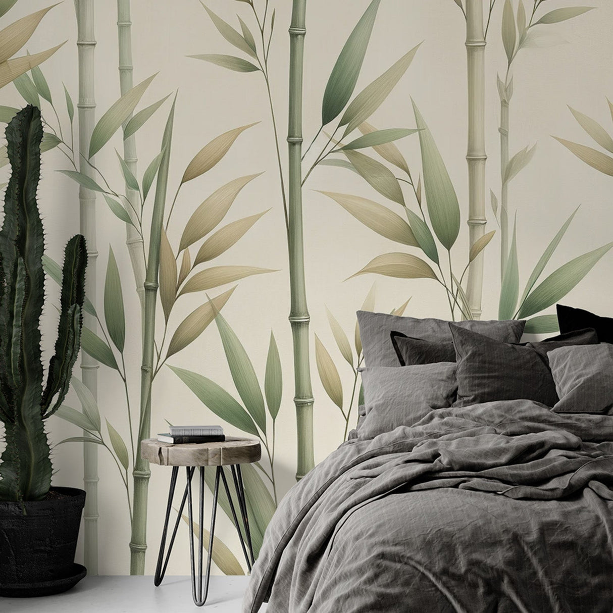 Bamboo wall mural creating a peaceful atmosphere in a modern living room with sage green accents and natural light