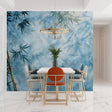 Bamboo wallpaper in bright modern living room, natural light highlighting blue sky design