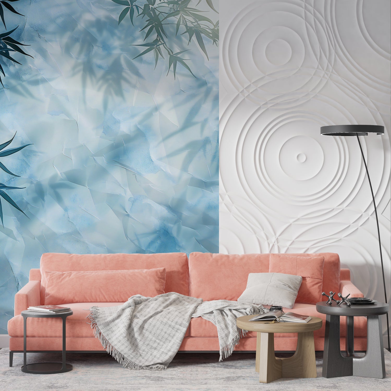 Peaceful bedroom with bamboo leaf wallpaper creating serene atmosphere