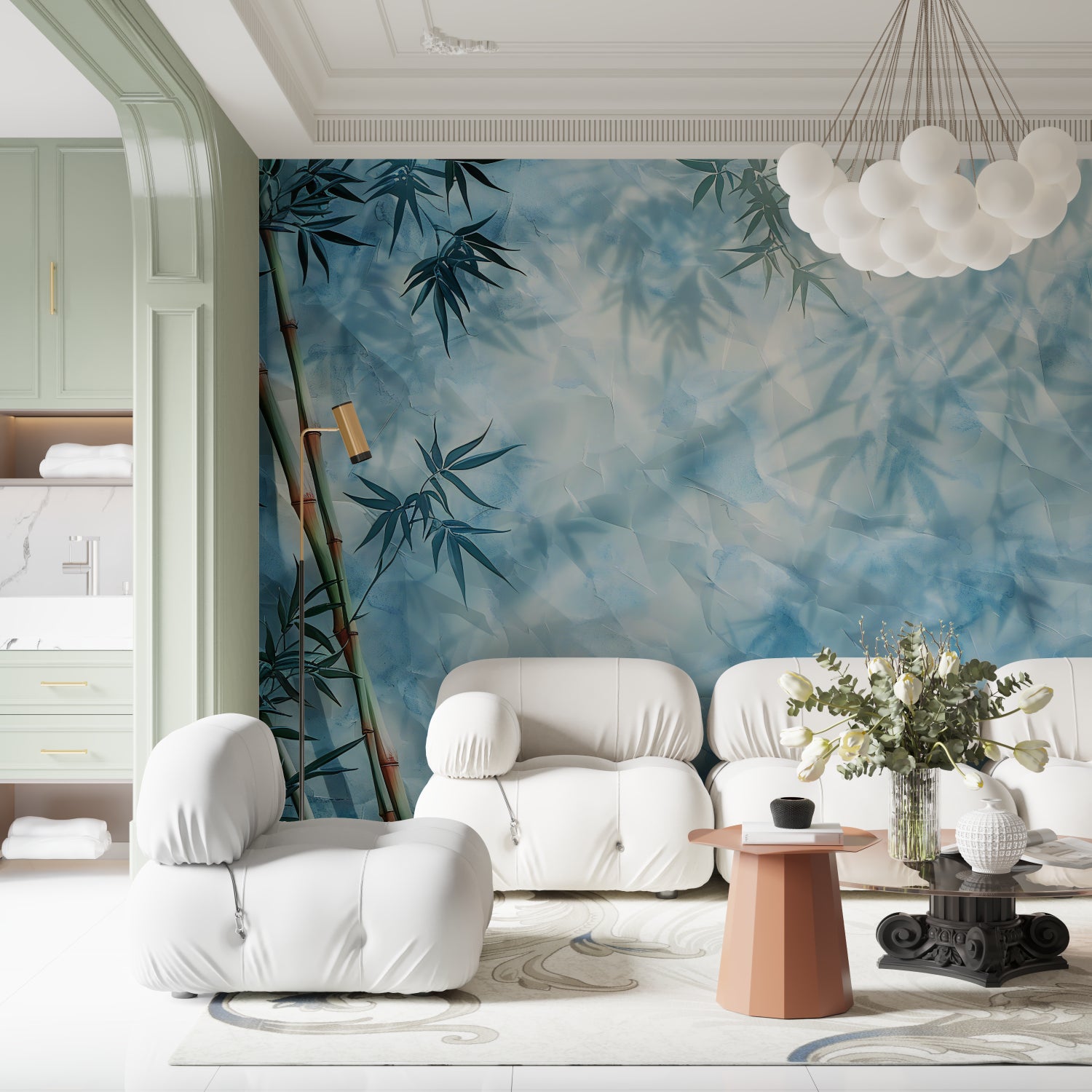 Home office featuring oriental bamboo wallpaper with soft blue sky background