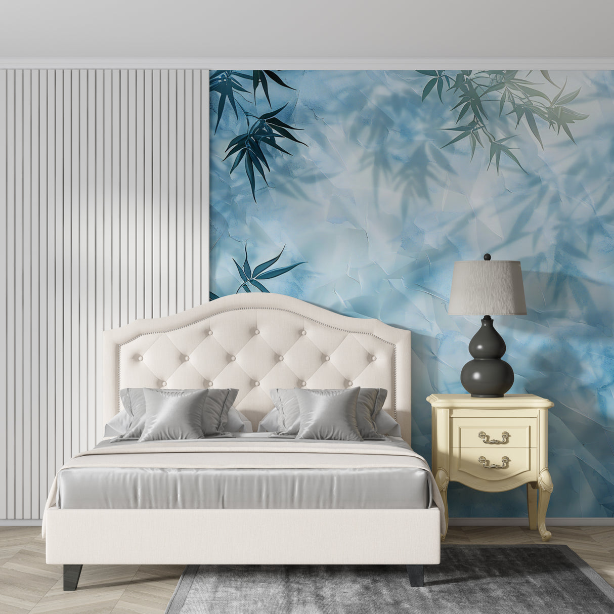 Dining room with bamboo wall mural showcasing elegant shadows and depth