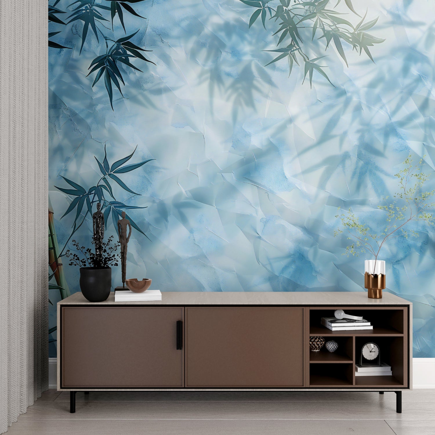 Meditation room with calming blue bamboo leaf wallpaper design