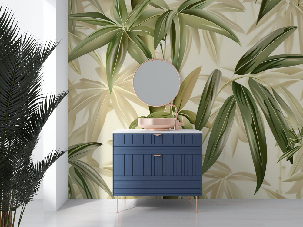 Botanical bamboo wallpaper in a peaceful bedroom setting with natural light