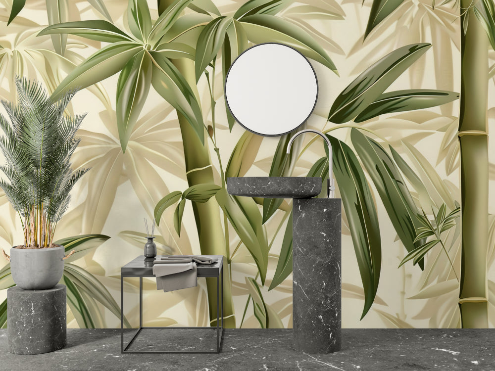 Green bamboo leaf mural adding depth to a home office space