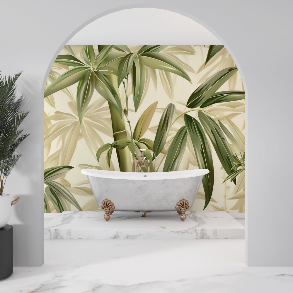 Tropical bamboo pattern transforming a dining room with soft beige walls