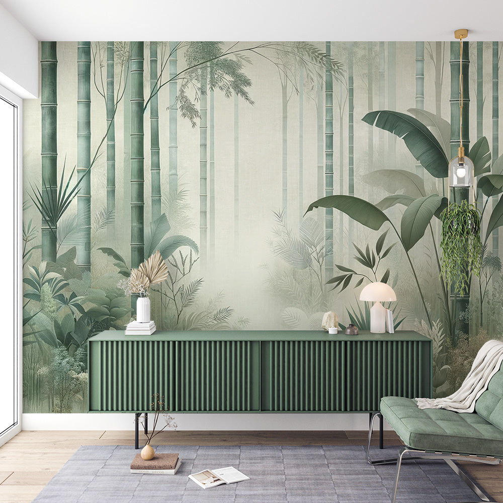 Bamboo forest wallpaper creating a peaceful atmosphere in a modern living room with natural light and minimal furniture