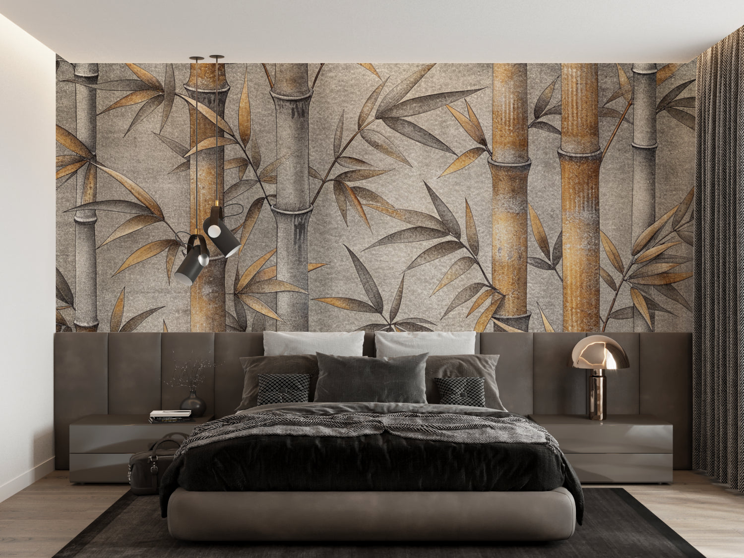 Japanese-style bamboo wallpaper in home office setting