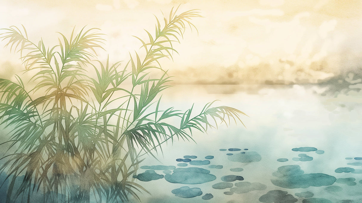 Bamboo lake wallpaper creating a serene atmosphere in a modern living room with minimal furniture