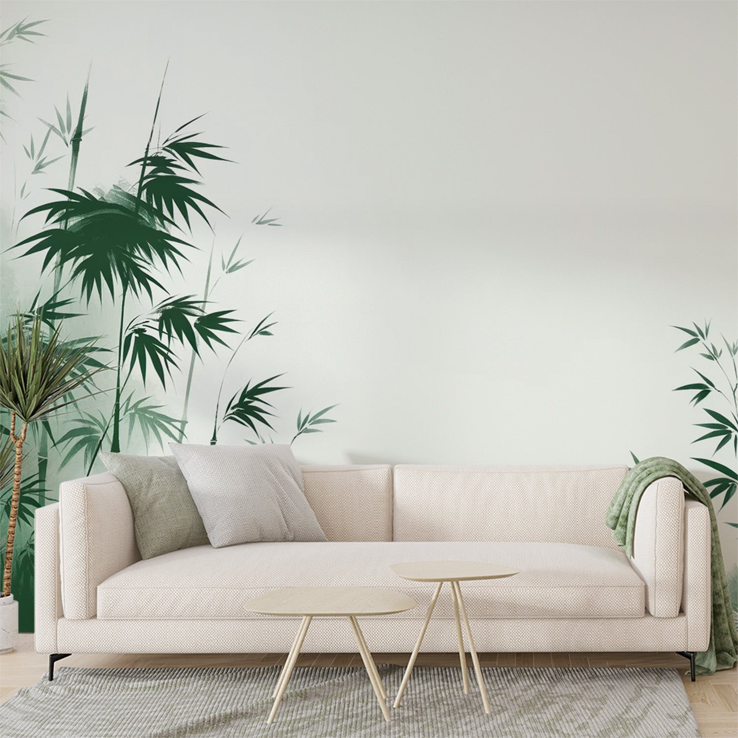 Bamboo forest wallpaper creating a peaceful atmosphere in a modern meditation room with natural light